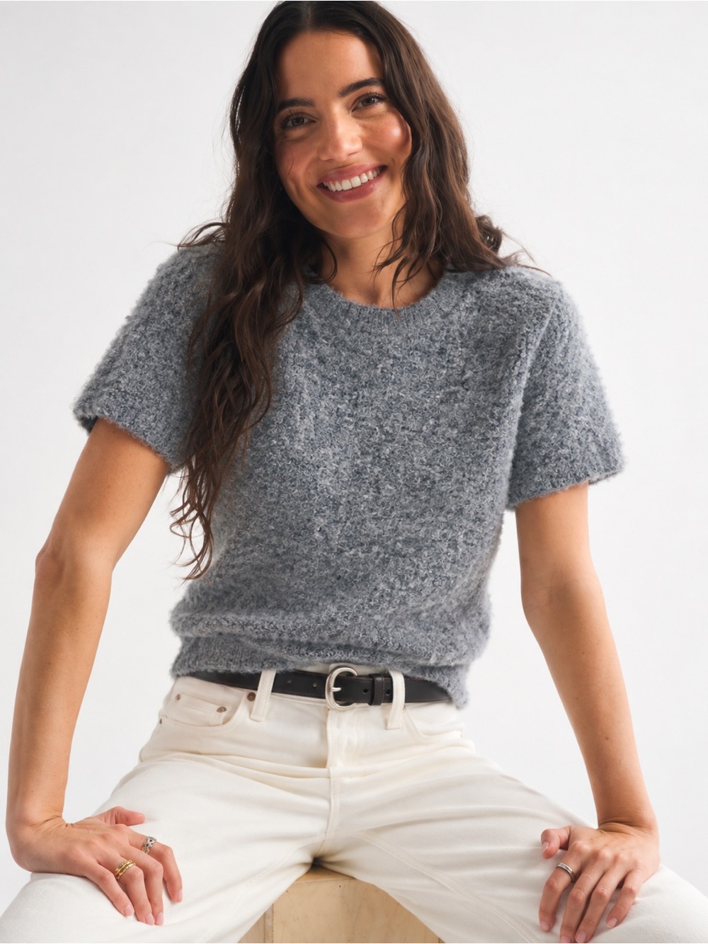 NWOT Carly Jean Los Angeles Grey Fuzzy Textured Short Sleeve Sweater Top Size S
